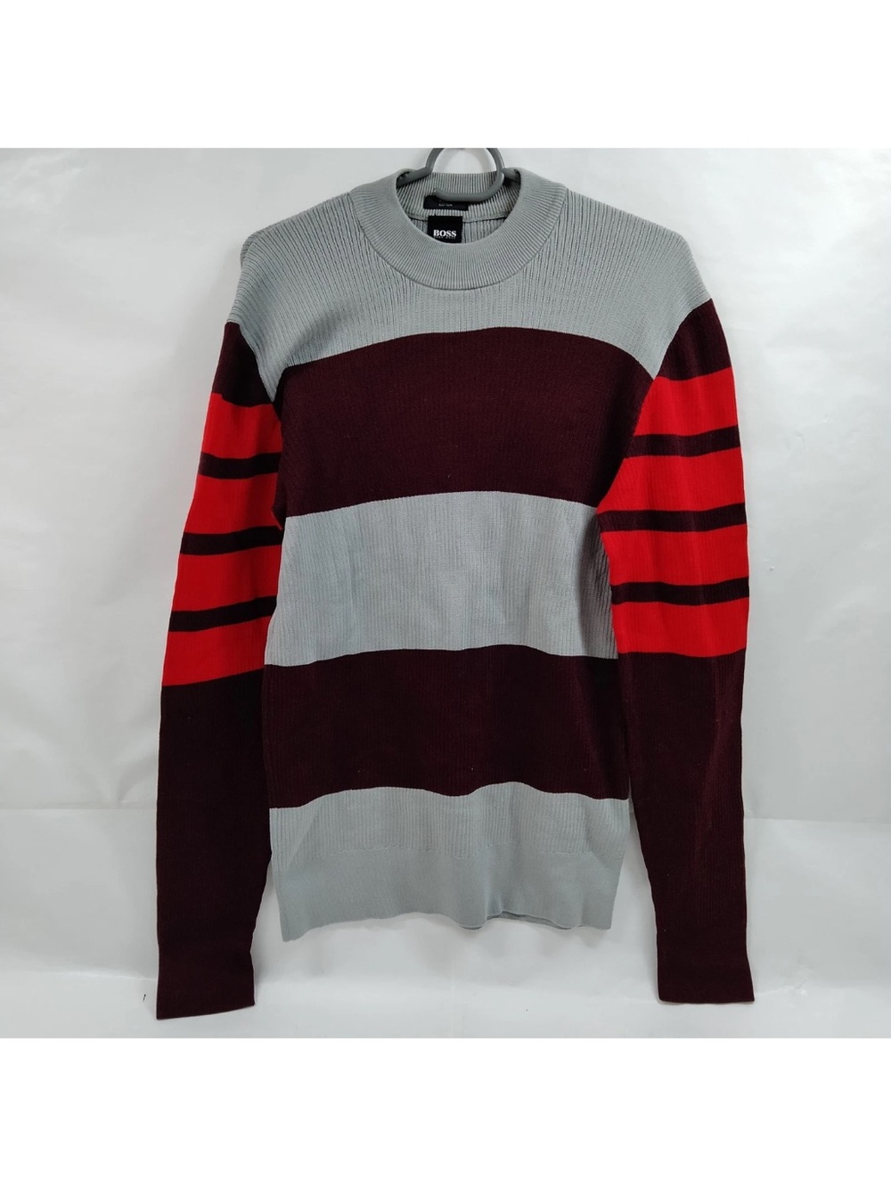 Boss Striped Crewneck Sweater in Gray, Burgundy & Red 👝